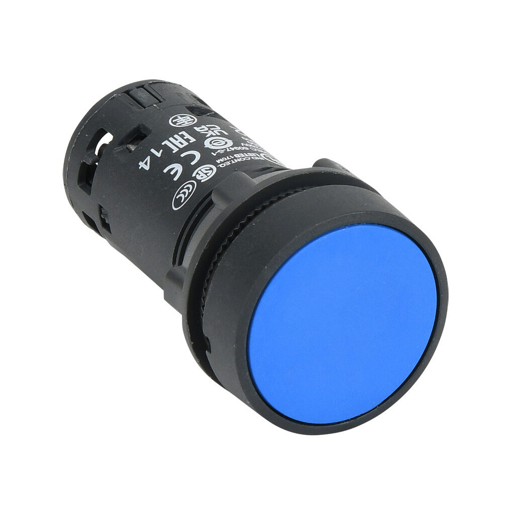 522334 - IDEM compact pushbutton, IP65, 22mm, momentary, (1) N.O./(1) N.C. contact(s), plastic base, plastic bezel, Operator: blue, flush, 29mm, round, plastic. For use with UGB series universal gate boxes.