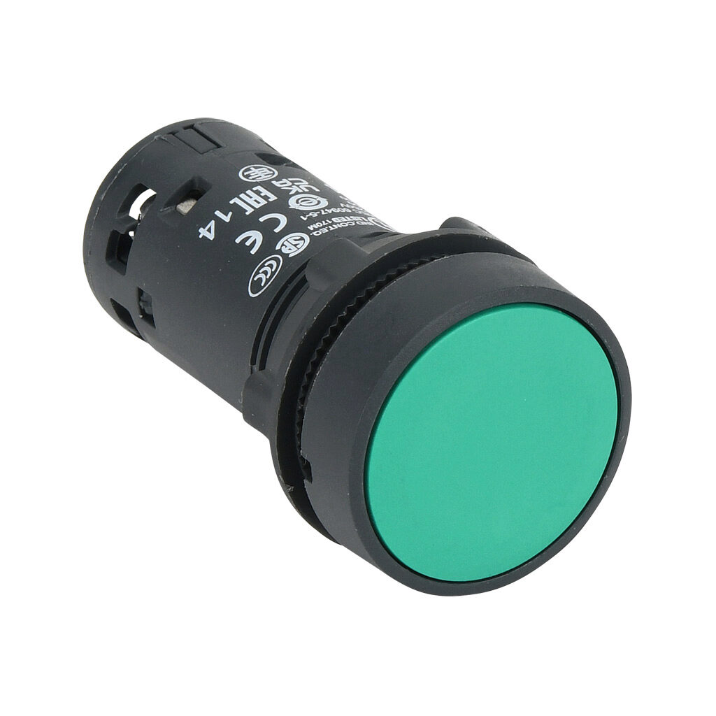 522341 - IDEM compact pushbutton, IP65, 22mm, momentary, (2) N.O. contact(s), plastic base, plastic bezel, Operator: green, flush, 29mm, round, plastic. For use with UGB series universal gate boxes.