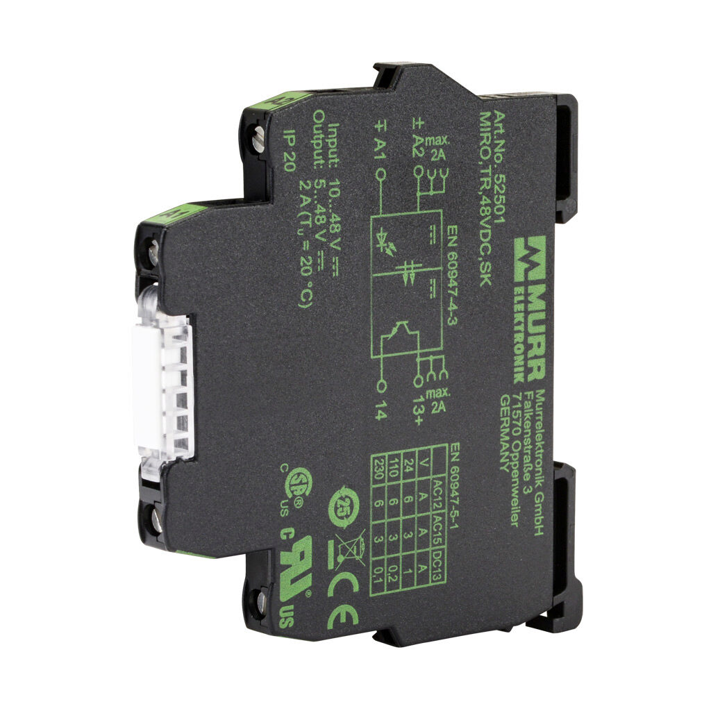 52501 - Murrelektronik optocoupler relay, 35mm DIN rail mount, finger-safe, 10-48 VDC input voltage, SPST, (1) N.O. MOSFET, 2A contact rating, 5-48 VDC load voltage, screw terminal(s), LED indicator(s).