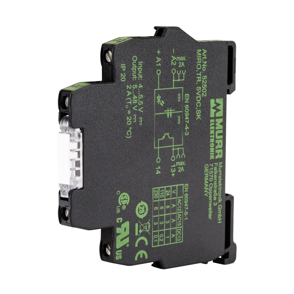 52502 - Murrelektronik optocoupler relay, 35mm DIN rail mount, finger-safe, 4-5.5 VDC input voltage, SPST, (1) N.O. MOSFET, 2A contact rating, 5-48 VDC load voltage, screw terminal(s), LED indicator(s).