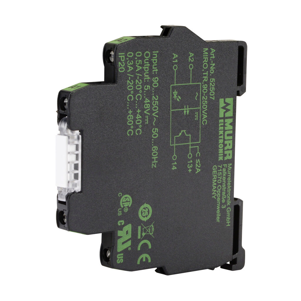 52507 - Murrelektronik optocoupler relay, 35mm DIN rail mount, finger-safe, 90-250 VAC input voltage, SPST, (1) N.O. transistor, 0.5A contact rating, 5-48 VDC load voltage, screw terminal(s), LED indicator(s).