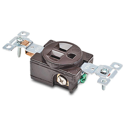 5251 - Bryant industrial heavy duty single straight blade receptacle, 15A, 125 VAC, 1-phase, 2-pole, 3-wire, NEMA 5-15, nylon housing, brown.