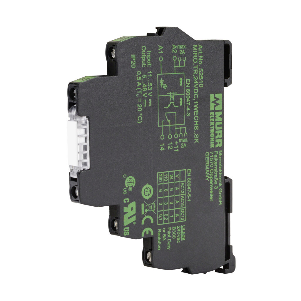 52510 - Murrelektronik optocoupler relay, 35mm DIN rail mount, finger-safe, 10-53 VDC input voltage, SPDT, (1) N.O., (1) N.C. transistor, 0.5A contact rating, 5-48 VDC load voltage, screw terminal(s), LED indicator(s).