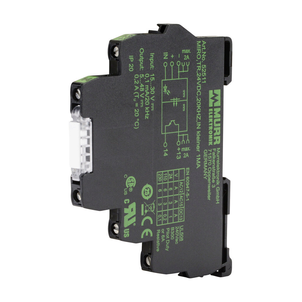 52511 - Murrelektronik optocoupler relay, 35mm DIN rail mount, finger-safe, 15-30 VDC input voltage, SPST, (1) N.O. transistor, 0.2A contact rating, 5-48 VDC load voltage, screw terminal(s), LED indicator(s).