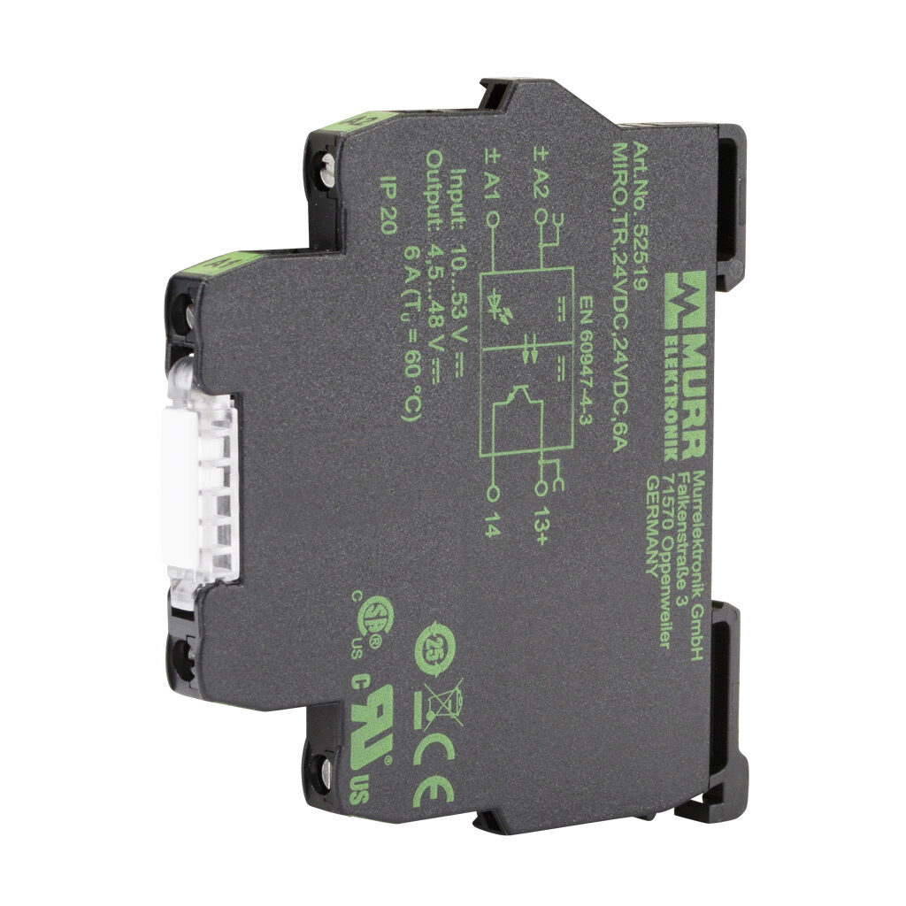 52519 - Murrelektronik optocoupler relay, 35mm DIN rail mount, finger-safe, 10-53 VDC input voltage, SPST, (1) N.O. MOSFET, 6A contact rating, 5-48 VDC load voltage, screw terminal(s), LED indicator(s).
