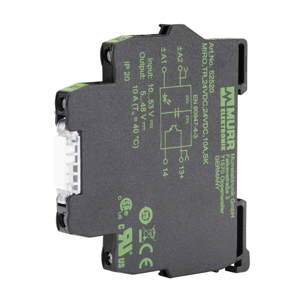 52520 - Murrelektronik optocoupler relay, 35mm DIN rail mount, finger-safe, 10-53 VDC input voltage, SPST, (1) N.O. MOSFET, 10A contact rating, 5-48 VDC load voltage, screw terminal(s), LED indicator(s).
