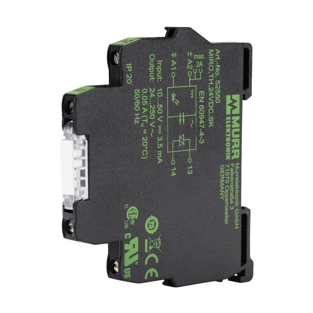 52550 - Murrelektronik optocoupler relay, 35mm DIN rail mount, finger-safe, 10-53 VDC input voltage, SPST, (1) N.O. TRIAC, 0.5A contact rating, 24-250 VAC load voltage, screw terminal(s), LED indicator(s).
