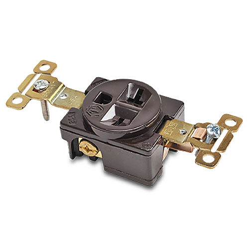 5461 - Bryant industrial heavy duty single straight blade receptacle, 20A, 250 VAC, 1-phase, 2-pole, 3-wire, NEMA 6-20, nylon housing, brown.