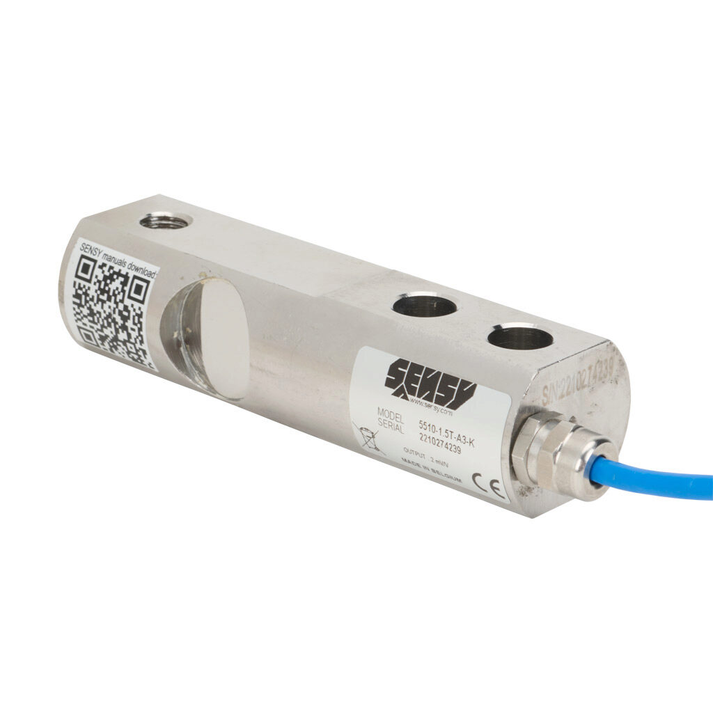 5510-1.5T-A3-K - Sensy shear beam load cell, 3306 lb/1500 kg, +/- 0.03% of full scale accuracy, voltage signal range(s) of 1.8-2.2 mV/V, 3-12 VDC, stainless steel, IP67, 26.2ft/8m integral 4-wire shielded cable.