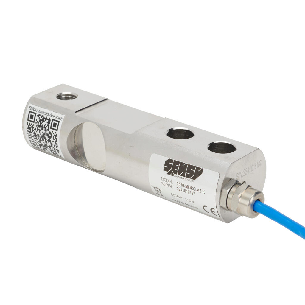 5510-500KG-A3-K - Sensy shear beam load cell, 1102 lb/500 kg, +/- 0.03% of full scale accuracy, voltage signal range(s) of 1.8-2.2 mV/V, 3-12 VDC, stainless steel, IP67, 26.2ft/8m integral 4-wire shielded cable.