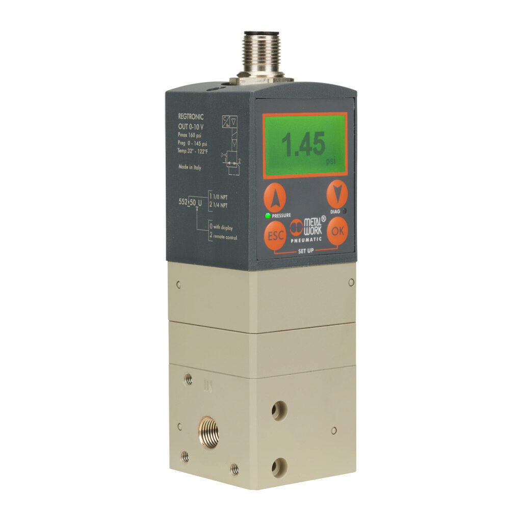 5521500U - Metal Work Regtronic pneumatic transducer, 4-20 mA, 0-5 VDC or 0-10 VDC input, 0.05 to 10 bar adjustable output, 1/8in female NPT inlet(s), 1/8in female NPT outlet(s), 8-pin M12 quick-disconnect, IP65.