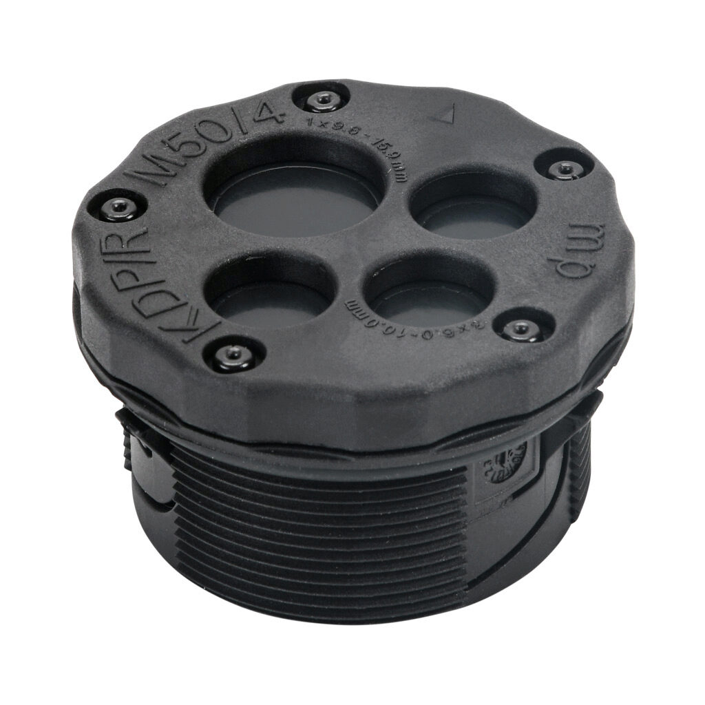 565201 - Murrplastik KDP/R series cable entry system frame, polyamide frame, M50 x 1.5mm frame, black, (3) 6-10mm and (1) 9.6-15.9mm opening(s), UL Type 1, IP65.