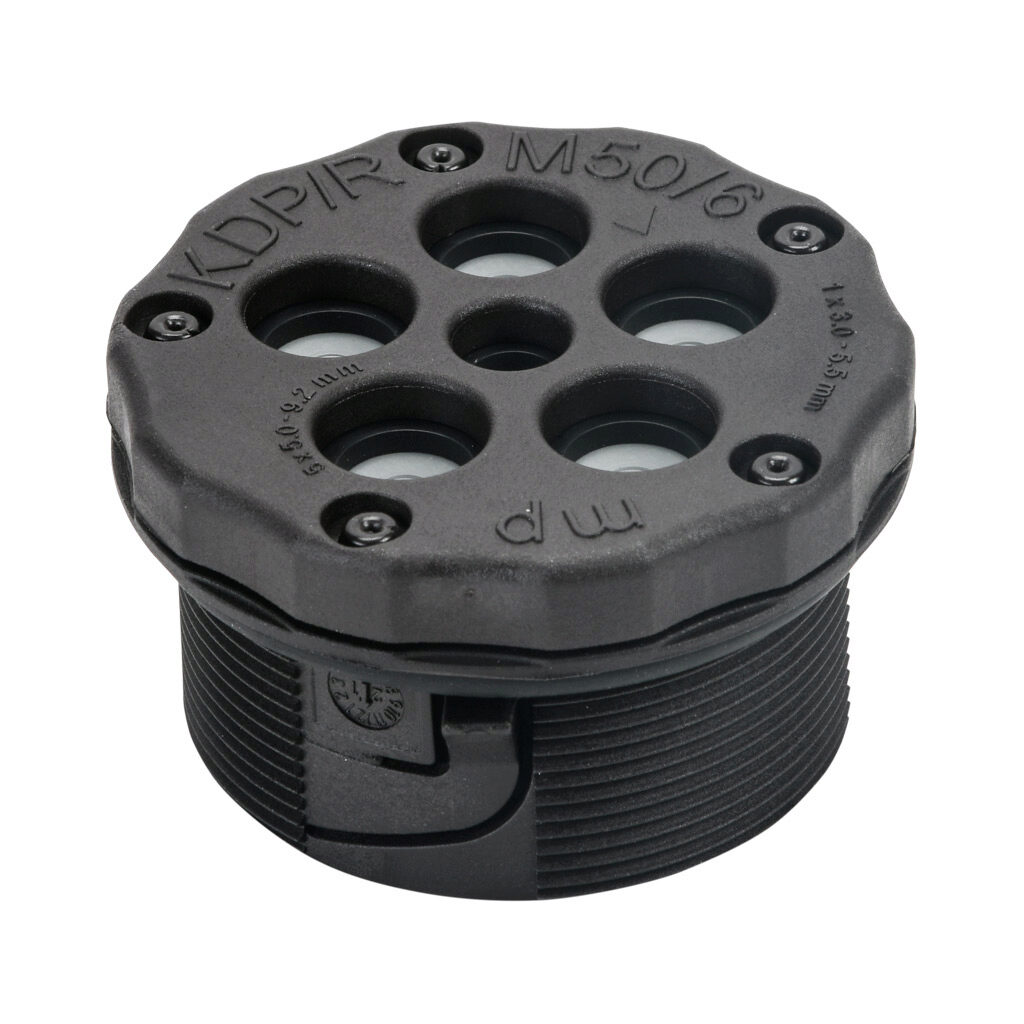 565203 - Murrplastik KDP/R series cable entry system frame, polyamide frame, M50 x 1.5mm frame, black, (1) 3-5.5mm and (5) 5-9.2mm opening(s), UL Type 1, IP65.