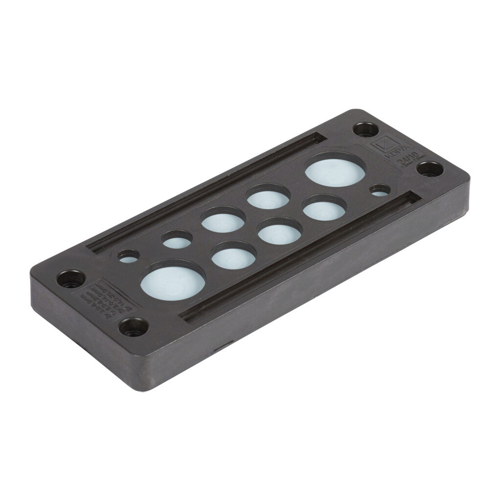 567305 - Murrplastik KDP/X series cable entry system frame, polyamide frame, 24-pin frame, black, (2) 3-6.5mm, (1) 5-9.2mm, (5) 9-14mm and (2) 14-20mm opening(s), UL Type 12 and 1, IP65.