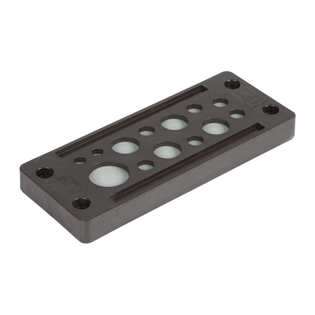 567335 - Murrplastik KDP/X series cable entry system frame, polyamide frame, 24-pin frame, black, (2) 3-5.5mm, (6) 4.1-8.1mm, (4) 9-14mm and (1) 14-20mm opening(s), UL Type 12 and 1, IP65.