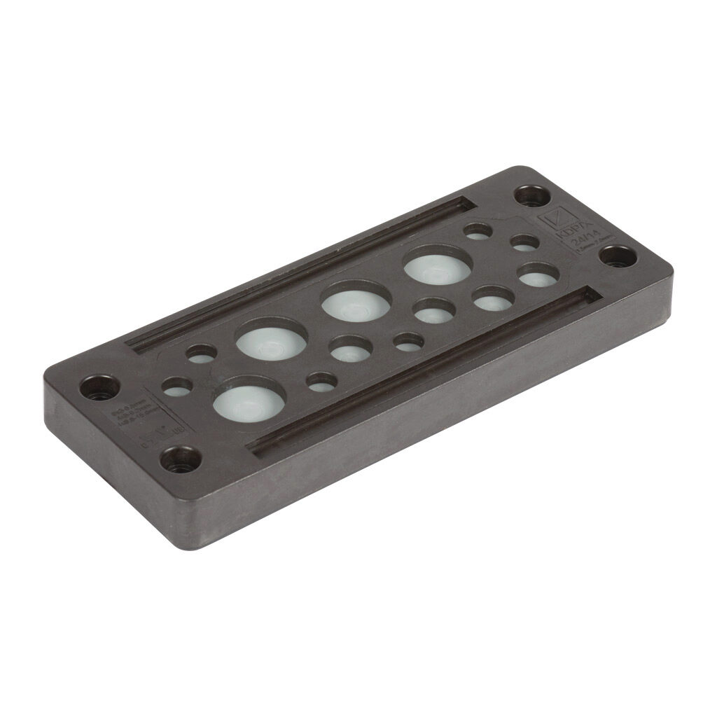 567345 - Murrplastik KDP/X series cable entry system frame, polyamide frame, 24-pin frame, black, (6) 3-6.5mm, (4) 5-9.2mm and (4) 9.6-15.9mm opening(s), UL Type 12 and 1, IP65.