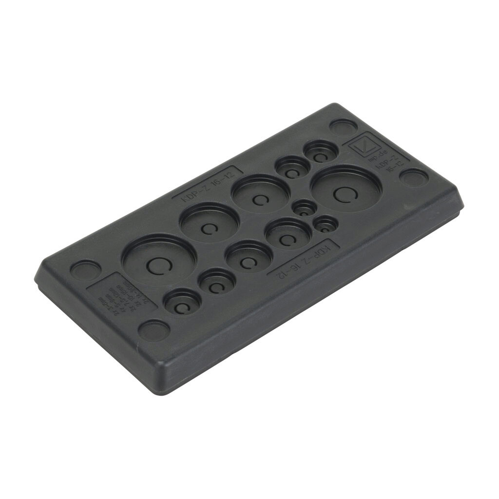 567407 - Murrplastik KDP/Z series cable entry system frame, polypropylene frame, TPS grommet block, 16-pin frame, black, (2) 3-5mm, (4) 5-9mm, (2) 7.5-12mm, (2) 10-16mm and (2) 14-20mm opening(s), UL Type 4X and 12, IP65 IP66 IP67. Package of 5.