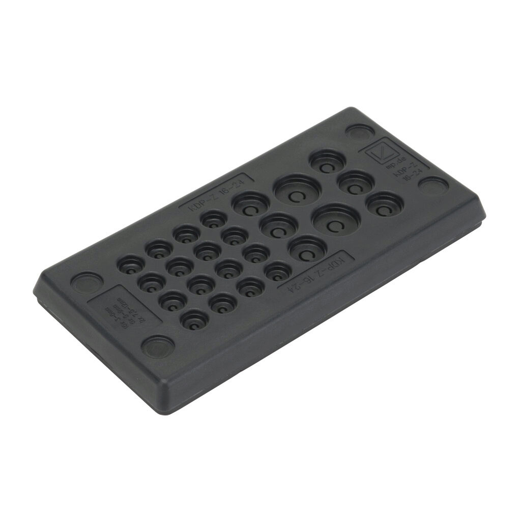 567411 - Murrplastik KDP/Z series cable entry system frame, polypropylene frame, TPS grommet block, 16-pin frame, black, (16) 3-6mm, (6) 5-9mm and (2) 7.5-12mm opening(s), UL Type 4X and 12, IP65 IP66 IP67. Package of 5.