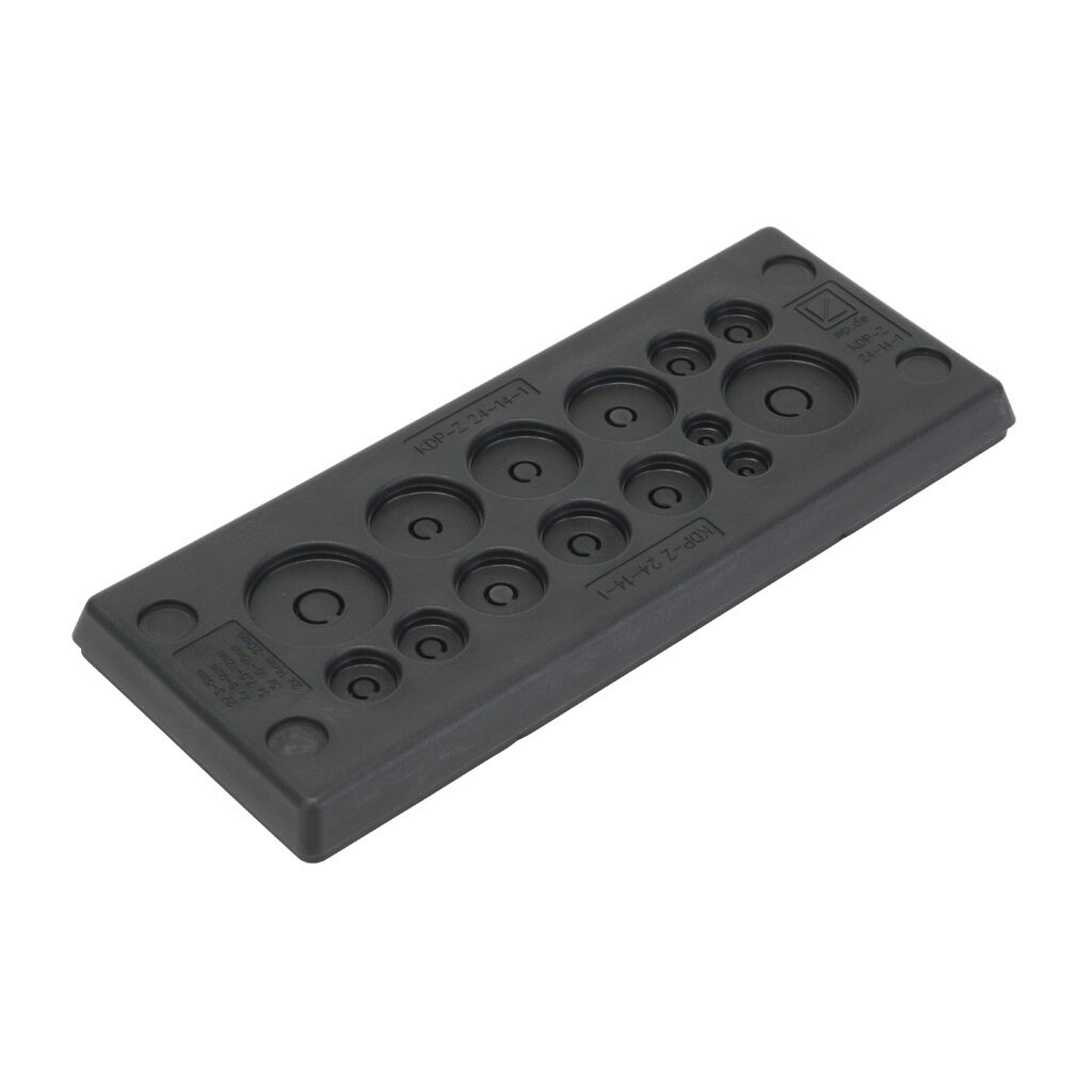 567419 - Murrplastik KDP/Z series cable entry system frame, polypropylene frame, TPS grommet block, 24-pin frame, black, (2) 3-6mm, (4) 5-9mm, (3) 7.5-12mm, (3) 10-16mm and (2) 14-20mm opening(s), UL Type 4X and 12, IP65 IP66 IP67. Package of 5.