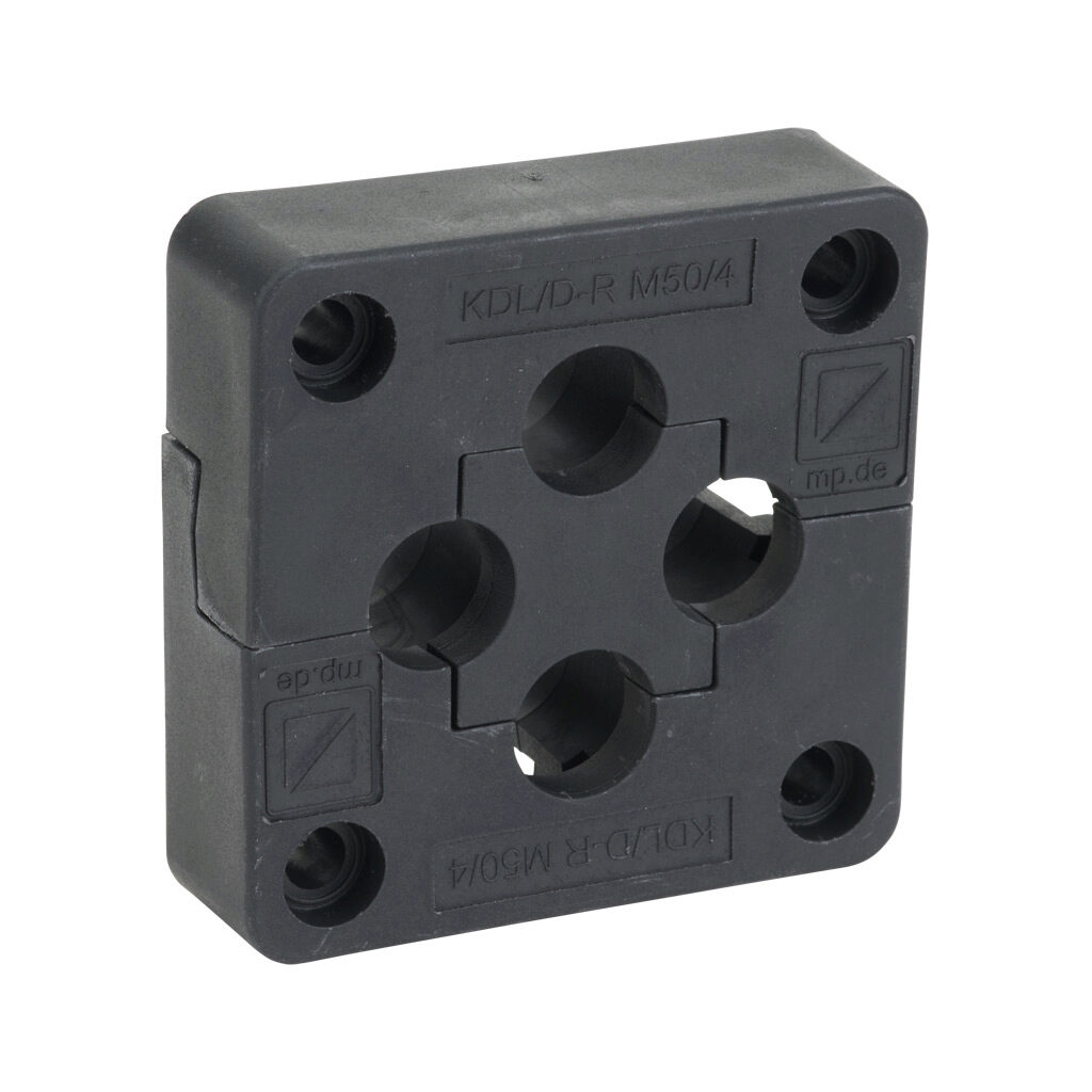 568317 - Murrplastik KDL/D-R series cable entry system frame, polypropylene frame, TPE grommet block, 50mm diameter frame, black, (4) small opening(s), UL Type 12, IP65. Requires (4) Murrplastik KDT/X series small grommets.