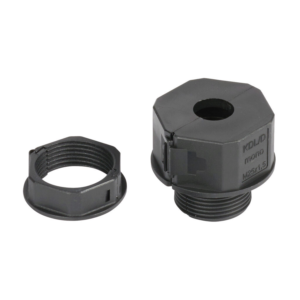 568610 - Murrplastik KDL/D-Mono series cable entry system frame, polyamide frame, M25 x 1.5mm frame, black, (1) small opening(s), UL Type 12 and 1, IP65. Package of 5. Requires (1) Murrplastik KDT/X series small grommets.