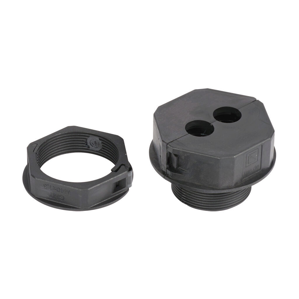 568630 - Murrplastik KDL/D-Mono series cable entry system frame, polyamide frame, M40 x 1.5mm frame, black, (2) small opening(s), UL Type 12 and 1, IP65. Package of 5. Requires (2) Murrplastik KDT/X series small grommets.