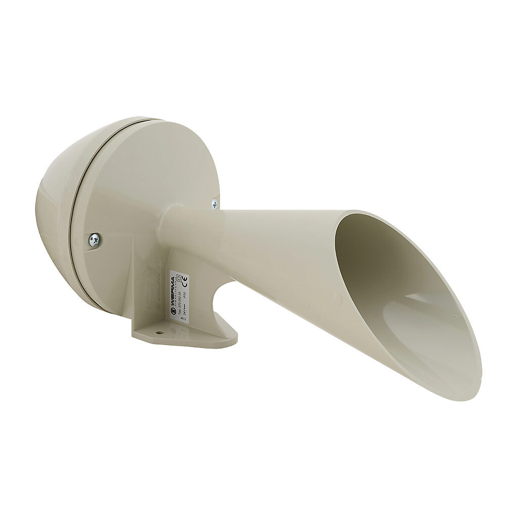57005255 - WERMA audible signal horn with trumpet, 108 dB at 1m, 100 Hz tone frequency, continuous tone(s), 24 VDC, wall mount, ABS/polycarbonate housing, off-white, IP55.