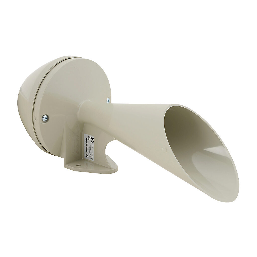 57005267 - WERMA audible signal horn with trumpet, 108 dB at 1m, 100 Hz tone frequency, continuous tone(s), 115 VAC, wall mount, ABS/polycarbonate housing, off-white, IP55.
