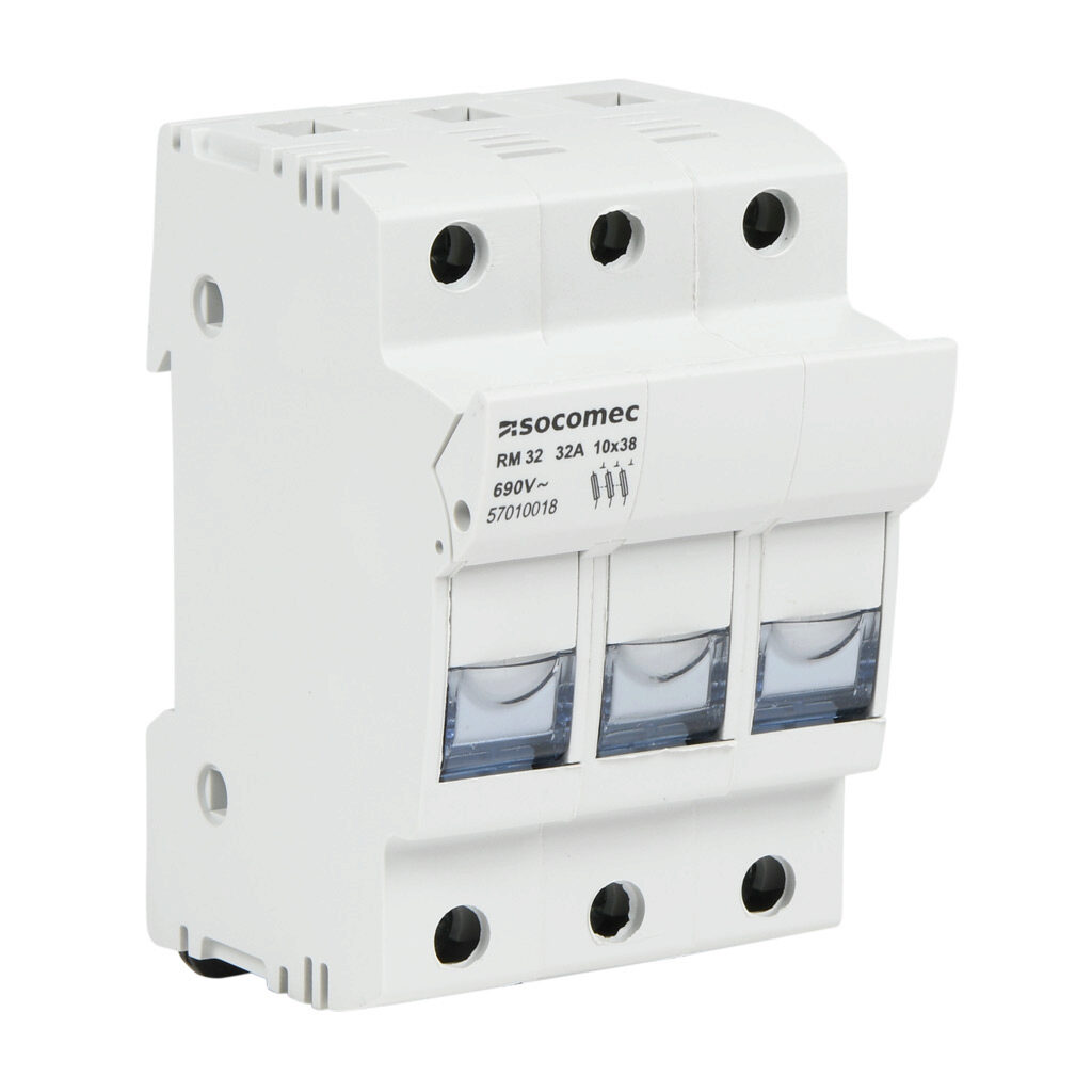 57010018-1PK - Socomec modular fuse holder, accepts Class Midget fuses, 30A, 750 VAC, 3-pole, 18-8 AWG copper only, pressure plate, 35mm DIN rail mount.
