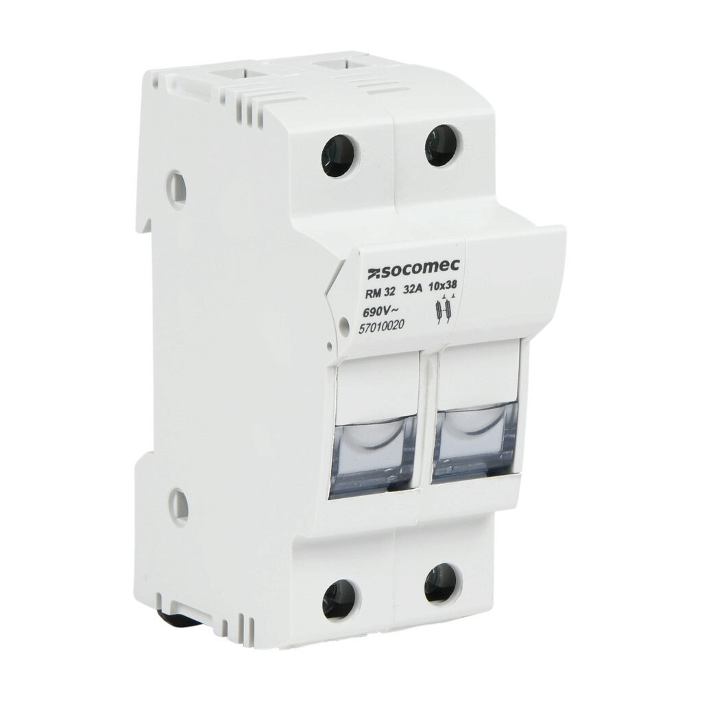 57010020 - Socomec modular fuse holder, accepts Class Midget fuses, 30A, 750 VAC, 2-pole, 18-8 AWG copper only, pressure plate, 35mm DIN rail mount. Package of 6.