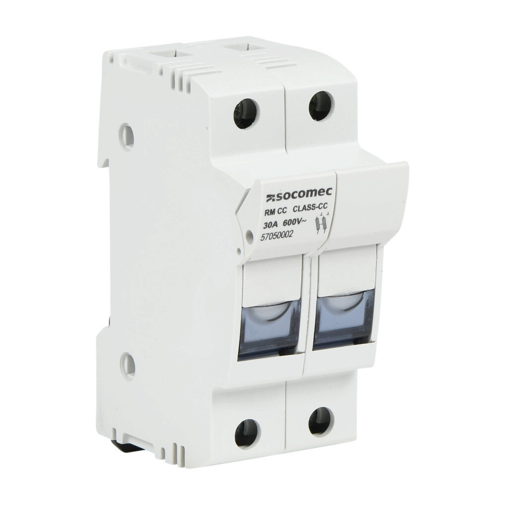 57050002-1PK - Socomec modular fuse holder, accepts Class CC fuses, 30A, 600 VAC, 2-pole, 18-8 AWG copper only, pressure plate, 35mm DIN rail mount.