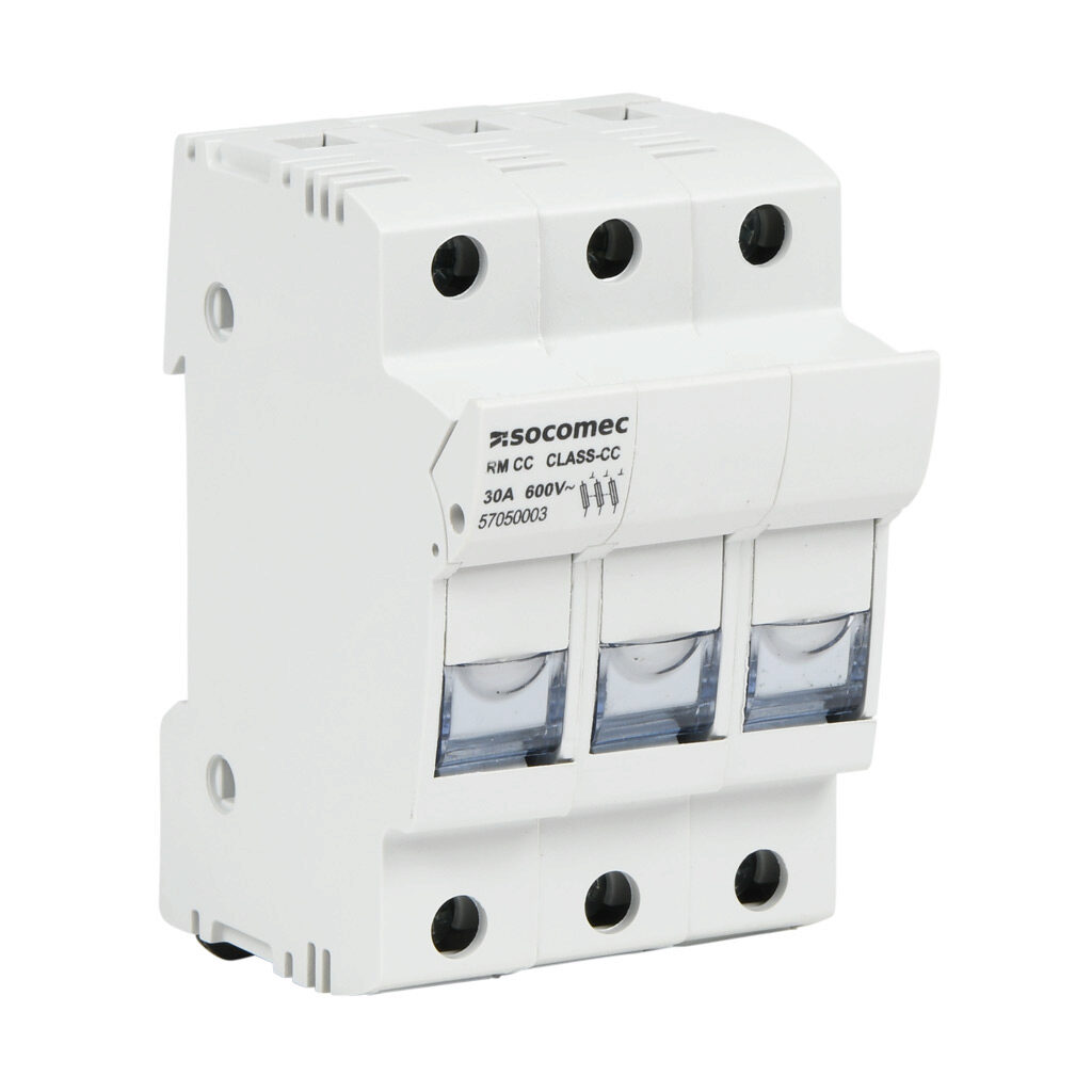 57050003 - Socomec modular fuse holder, accepts Class CC fuses, 30A, 600 VAC, 3-pole, 18-8 AWG copper only, pressure plate, 35mm DIN rail mount. Package of 4.