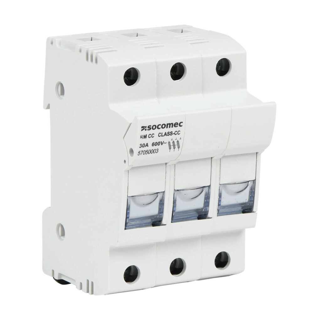 57050003-1PK - Socomec modular fuse holder, accepts Class CC fuses, 30A, 600 VAC, 3-pole, 18-8 AWG copper only, pressure plate, 35mm DIN rail mount.