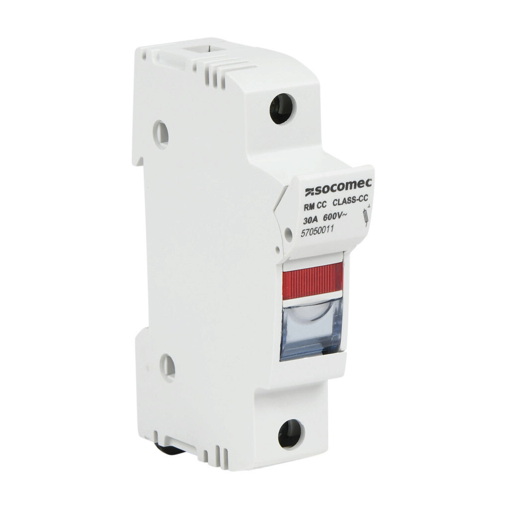 57050011-1PK - Socomec modular fuse holder, with indicator, accepts Class CC fuses, 30A, 600 VAC, 1-pole, 18-8 AWG copper only, pressure plate, 35mm DIN rail mount.