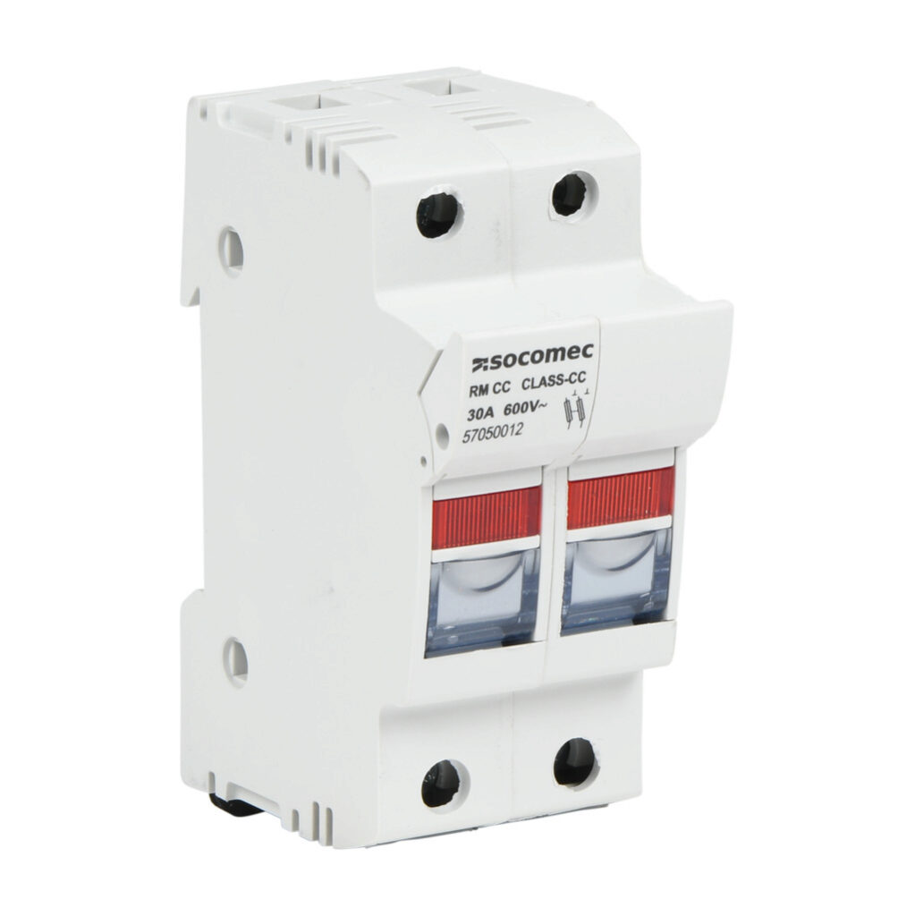 57050012 - Socomec modular fuse holder, with indicator, accepts Class CC fuses, 30A, 600 VAC, 2-pole, 18-8 AWG copper only, pressure plate, 35mm DIN rail mount. Package of 6.