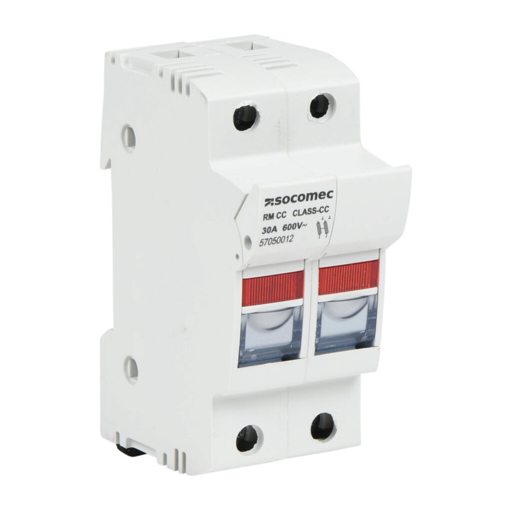 57050012-1PK - Socomec modular fuse holder, with indicator, accepts Class CC fuses, 30A, 600 VAC, 2-pole, 18-8 AWG copper only, pressure plate, 35mm DIN rail mount.