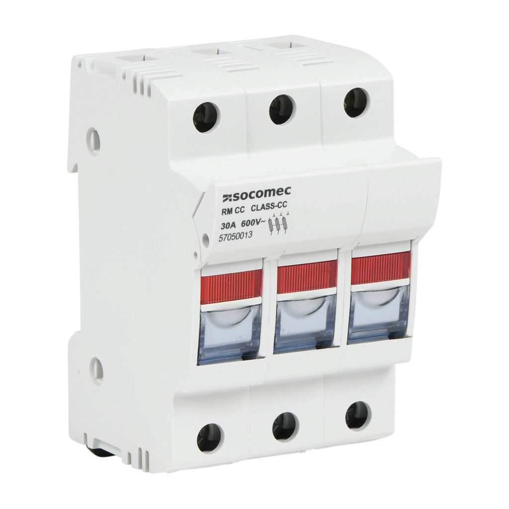 57050013 - Socomec modular fuse holder, with indicator, accepts Class CC fuses, 30A, 600 VAC, 3-pole, 18-8 AWG copper only, pressure plate, 35mm DIN rail mount. Package of 4.