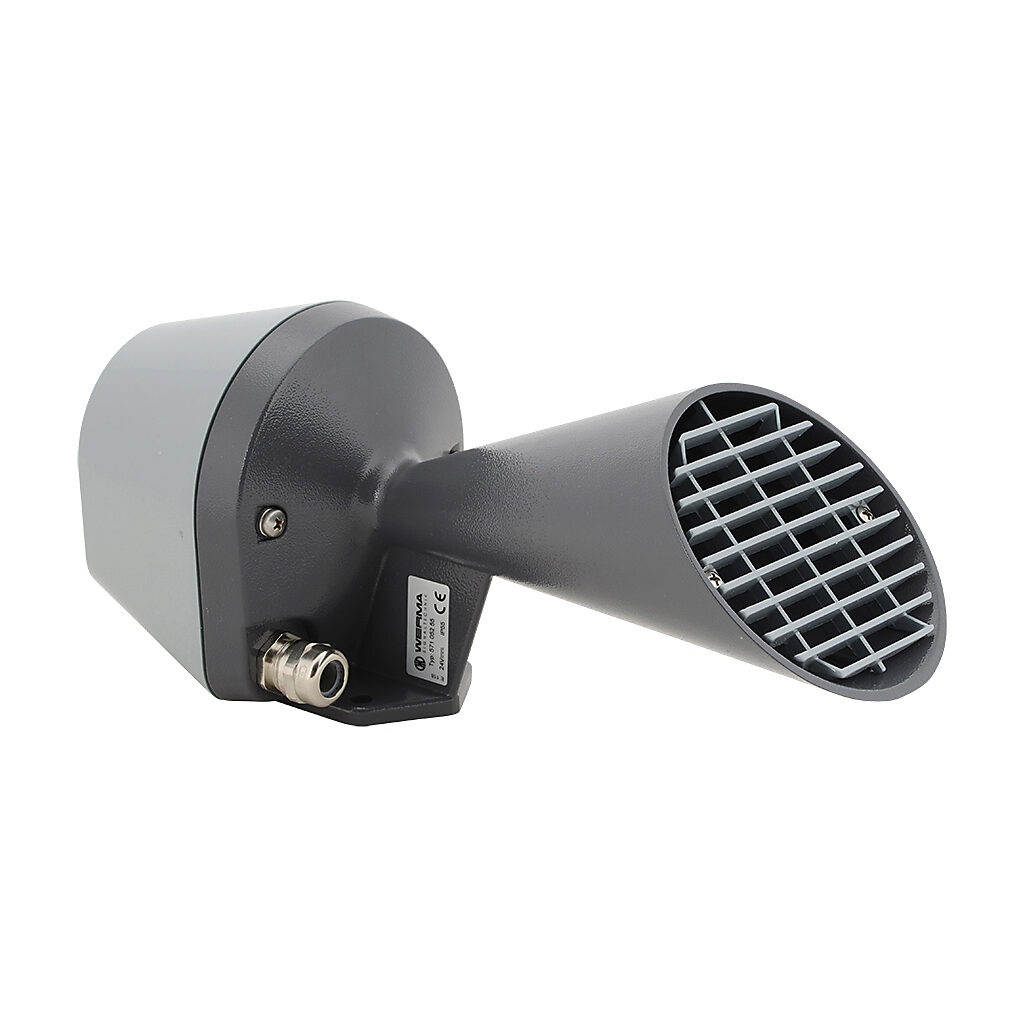 57105255 - WERMA audible signal horn with trumpet, 108 dB at 1m, 100 Hz tone frequency, continuous tone(s), 24 VDC, wall mount, aluminum housing, dark gray, IP55.