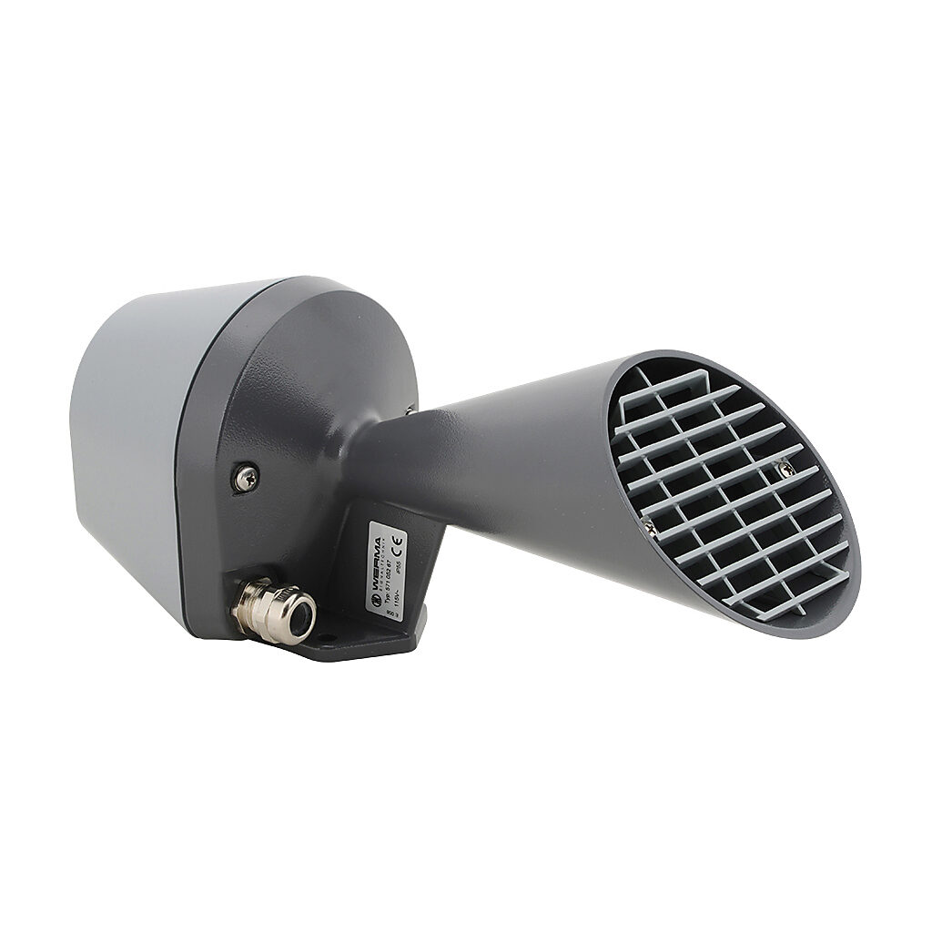 57105267 - WERMA audible signal horn with trumpet, 108 dB at 1m, 100 Hz tone frequency, continuous tone(s), 115 VAC, wall mount, aluminum housing, dark gray, IP55.