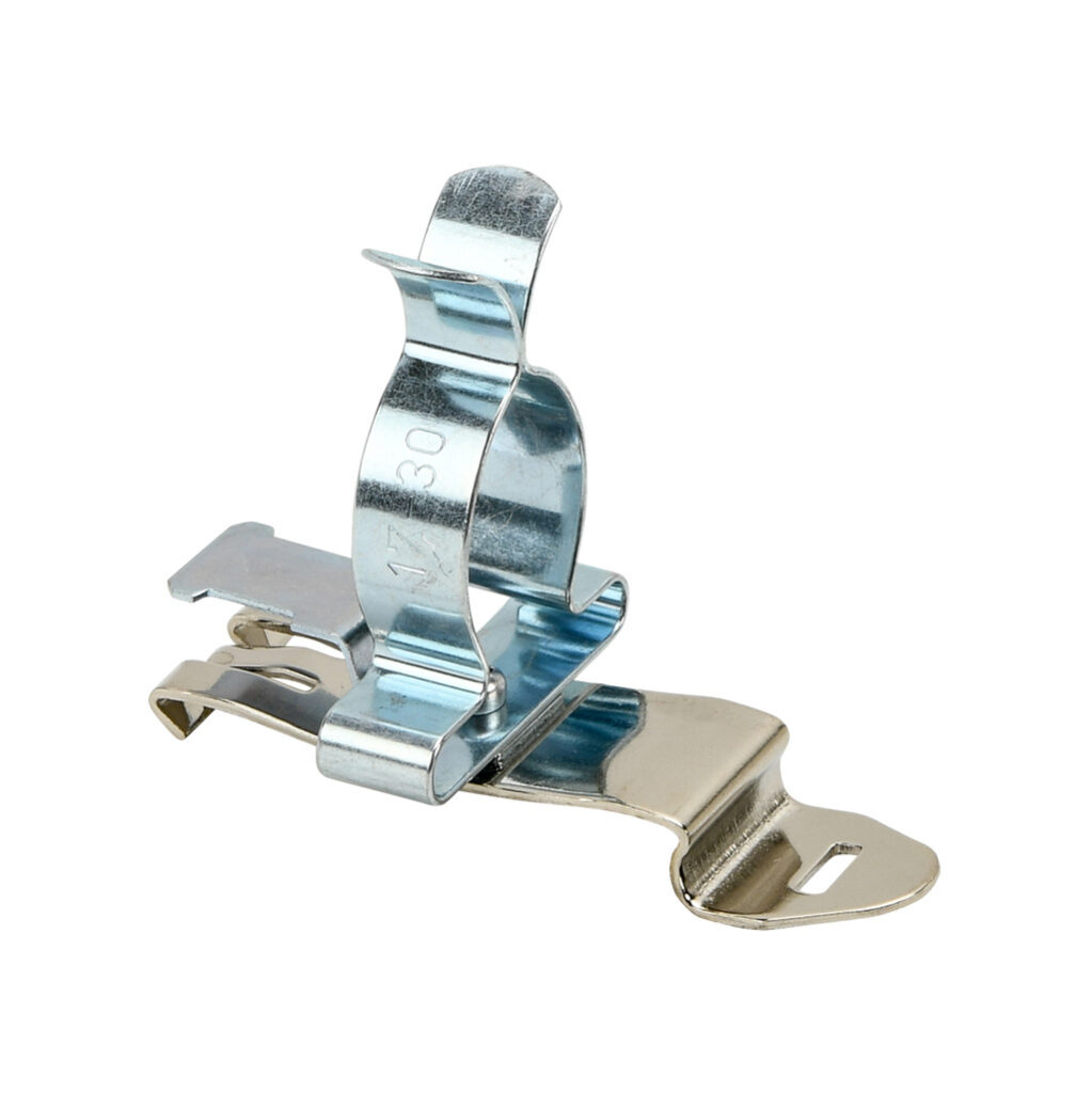 571079 - Murrplastik SCFZ-EMV series EMC shield cable clip, accepts 0.67-0.87in diameter cable, 35mm DIN rail mount, with strain relief, zinc plated spring steel. Package of 5.