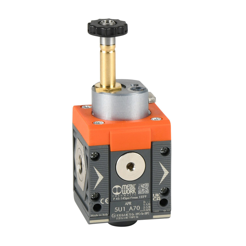 5U11A701 - Metal Work soft start valve, 3-port (3-way), 2-position, single solenoid spring return, N.C., 1/8in female NPT inlet(s), 1/8in female NPT outlet(s), G1/8 female BSPP exhaust(s), Cv=1.3. For use with Syntesi Size 1 air prep components.
