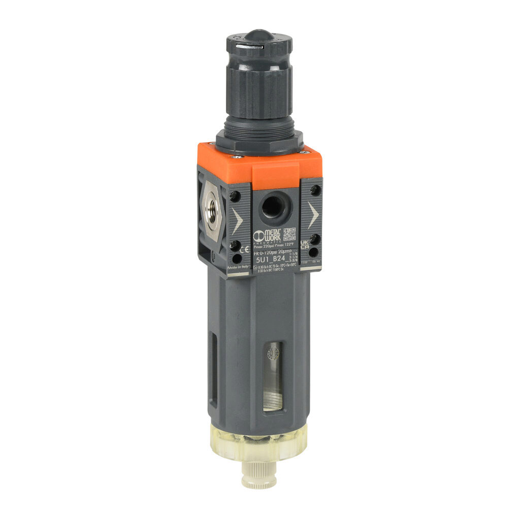 5U11B241 - Metal Work Syntesi Size 1 air filter-regulator, 1/8in female NPT inlet(s), 1/8in female NPT outlet(s), 0-120 psig range, manual/semi-automatic drain, clear technopolymer bowl, bowl guard.