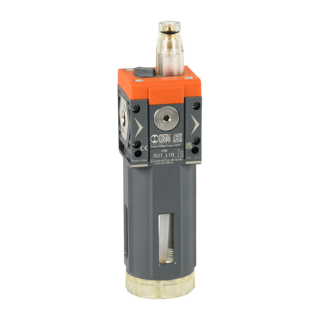 5U11L101 - Metal Work Syntesi Size 1 pneumatic lubricator, 1/8in female NPT inlet(s), 1/8in female NPT outlet(s), clear technopolymer bowl, bowl guard.