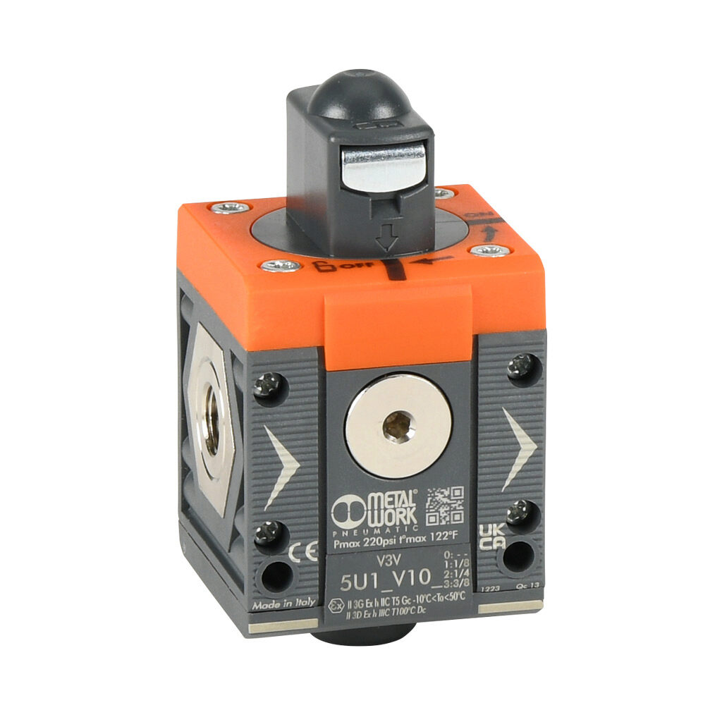 5U11V101 - Metal Work shut-off valve, 3-port (3-way), 2-position, twist, N.C., 1/8in female NPT inlet(s), 1/8in female NPT outlet(s), G1/8 female BSPP exhaust(s), Cv=1.2. For use with Syntesi Size 1 air prep components.