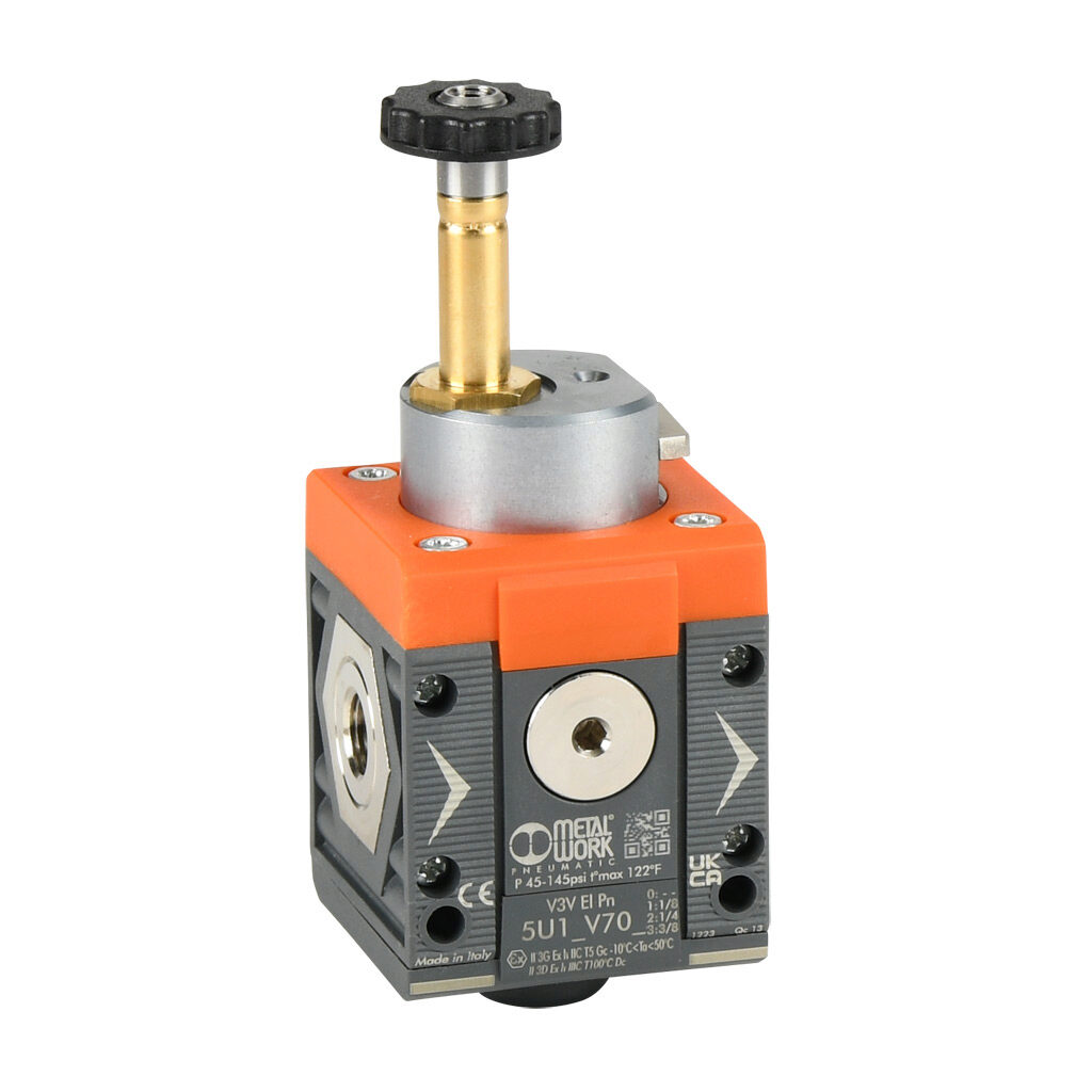 5U11V701 - Metal Work shut-off valve, 3-port (3-way), 2-position, single solenoid spring return, N.C., 1/8in female NPT inlet(s), 1/8in female NPT outlet(s), G1/8 female BSPP exhaust(s), Cv=1.2. For use with Syntesi Size 1 air prep components.