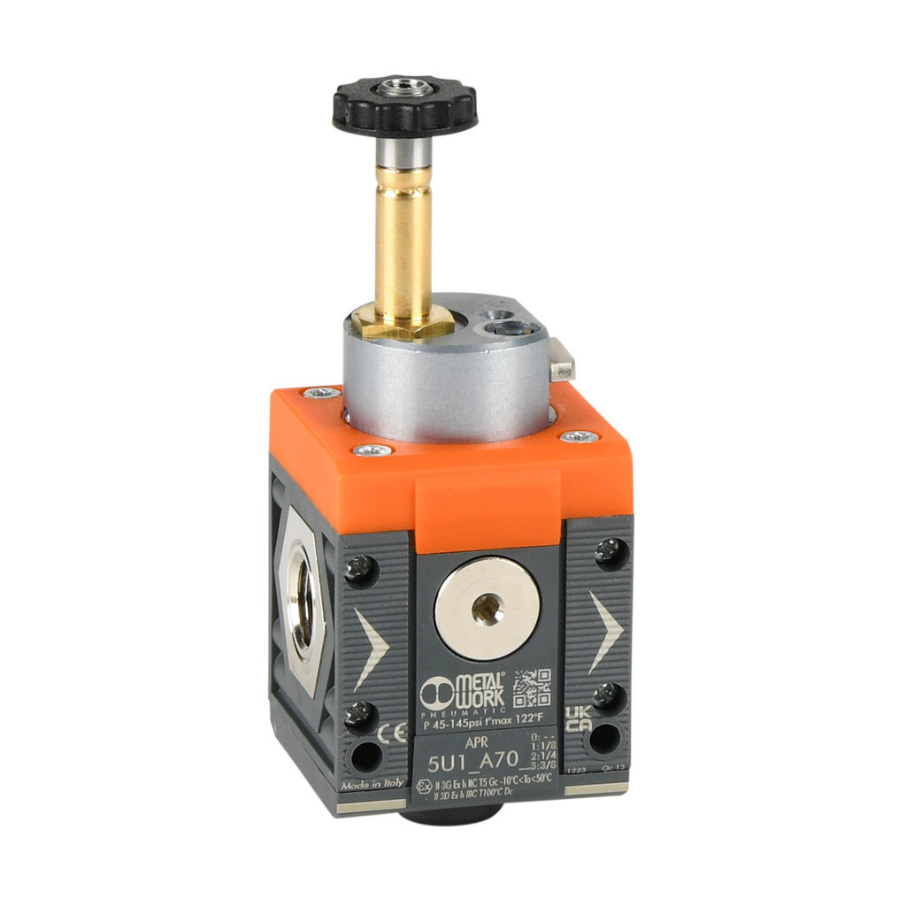 5U12A702 - Metal Work soft start valve, 3-port (3-way), 2-position, single solenoid spring return, N.C., 1/4in female NPT inlet(s), 1/4in female NPT outlet(s), G1/8 female BSPP exhaust(s), Cv=1.5. For use with Syntesi Size 1 air prep components.