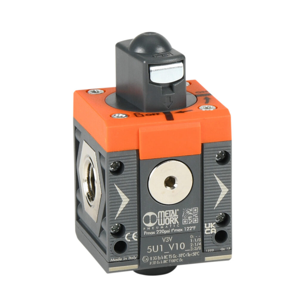 5U12V102 - Metal Work shut-off valve, 3-port (3-way), 2-position, twist, N.C., 1/4in female NPT inlet(s), 1/4in female NPT outlet(s), G1/8 female BSPP exhaust(s), Cv=1.5. For use with Syntesi Size 1 air prep components.