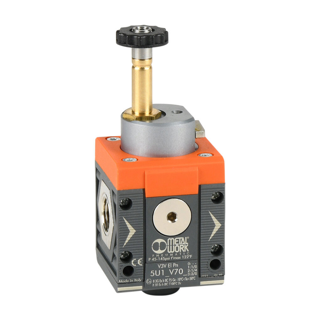 5U12V702 - Metal Work shut-off valve, 3-port (3-way), 2-position, single solenoid spring return, N.C., 1/4in female NPT inlet(s), 1/4in female NPT outlet(s), G1/8 female BSPP exhaust(s), Cv=1.5. For use with Syntesi Size 1 air prep components.