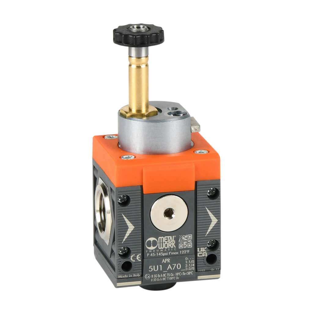 5U13A703 - Metal Work soft start valve, 3-port (3-way), 2-position, single solenoid spring return, N.C., 3/8in female NPT inlet(s), 3/8in female NPT outlet(s), G1/8 female BSPP exhaust(s), Cv=1.6. For use with Syntesi Size 1 air prep components.