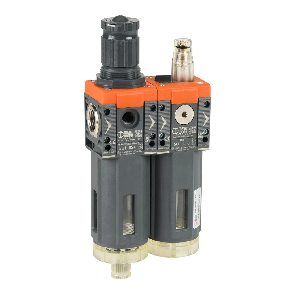 5U13B24L103 - Metal Work Syntesi Size 1 air combination unit, filter-regulator-lubricator, 3/8in female NPT inlet(s), 3/8in female NPT outlet(s), 0-120 psig range, clear technopolymer bowl, manual/semi-automatic drain.